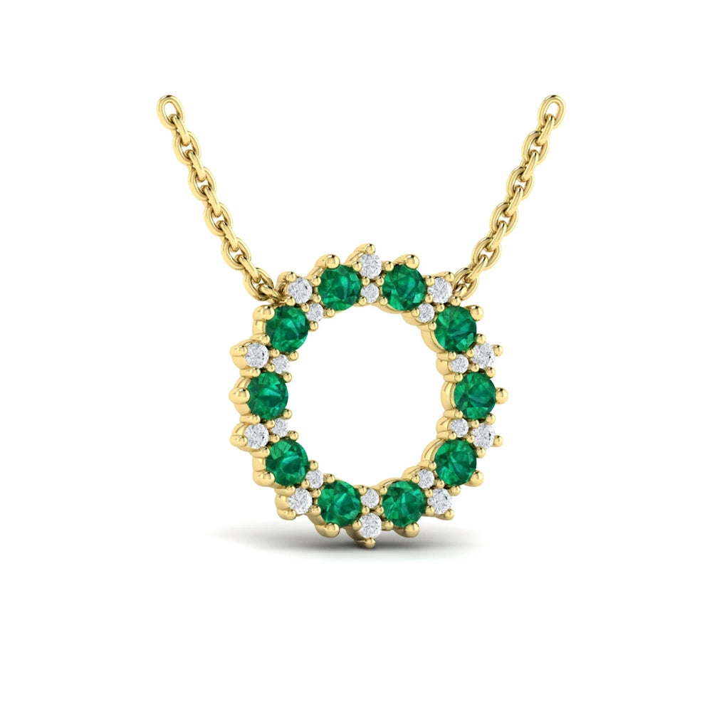 Diamond and Emerald Open Starburst Circle Pendant Necklace Yellow Gold