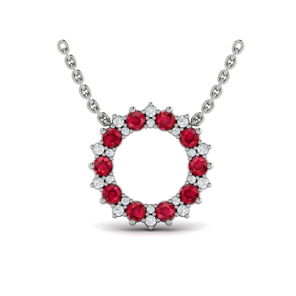 Diamond and Ruby Open Starburst Circle Pendant Necklace White Gold