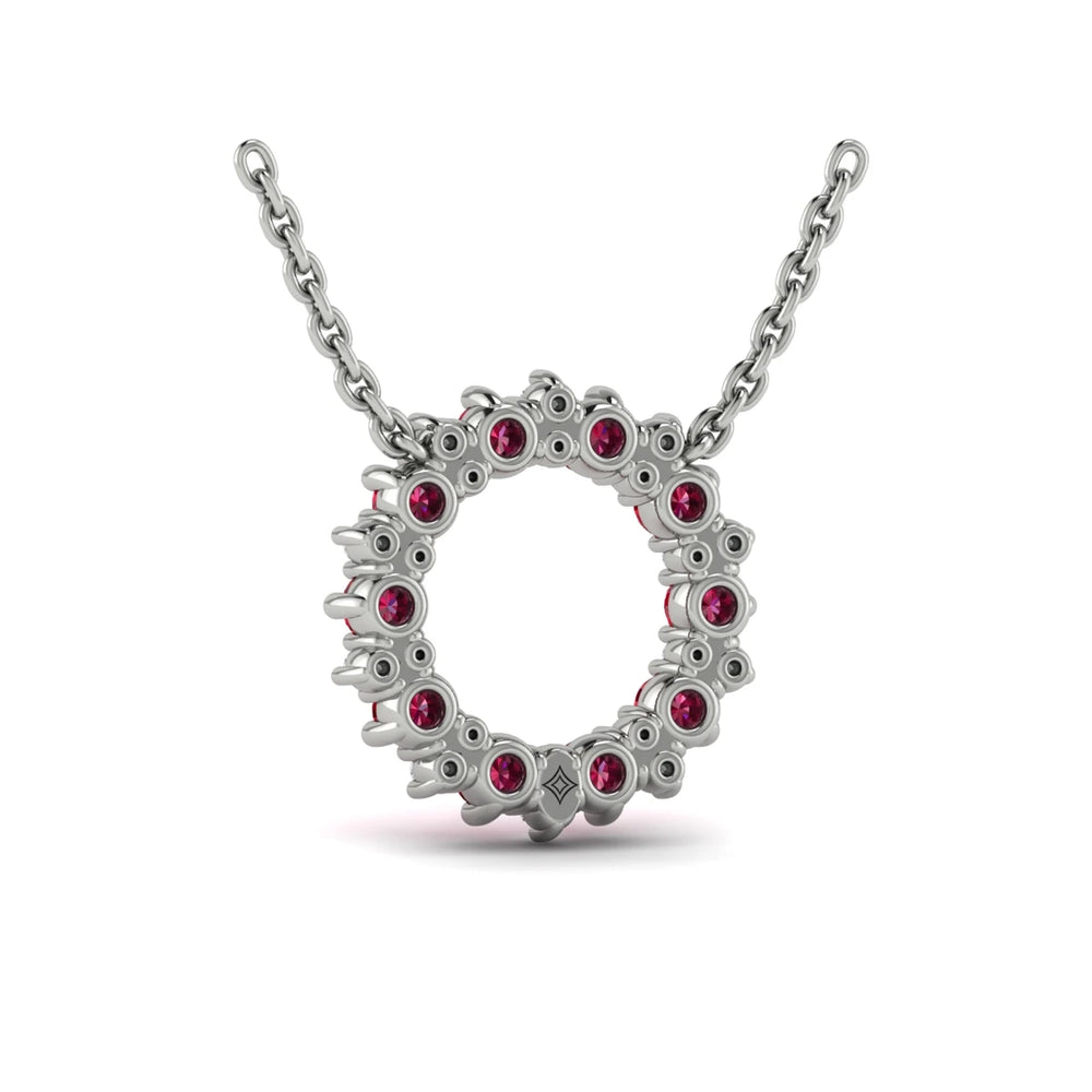 Diamond and Ruby Open Starburst Circle Pendant Necklace Platinum