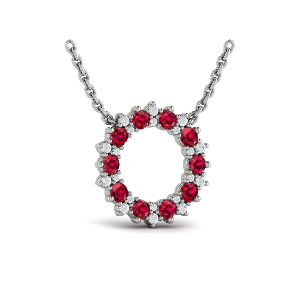 Diamond and Ruby Open Starburst Circle Pendant Necklace Platinum