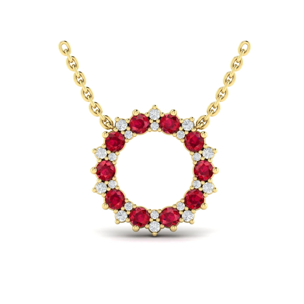 Diamond and Ruby Open Starburst Circle Pendant Necklace Yellow Gold