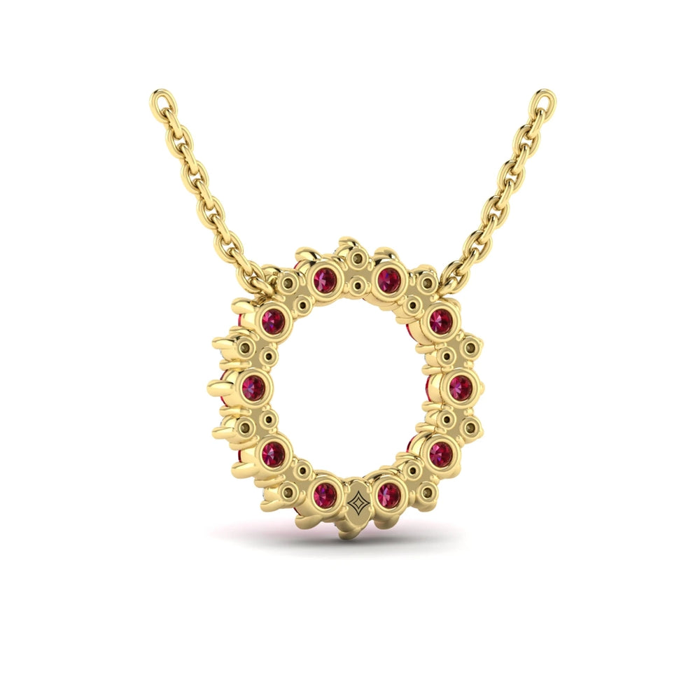 Diamond and Ruby Open Starburst Circle Pendant Necklace Yellow Gold