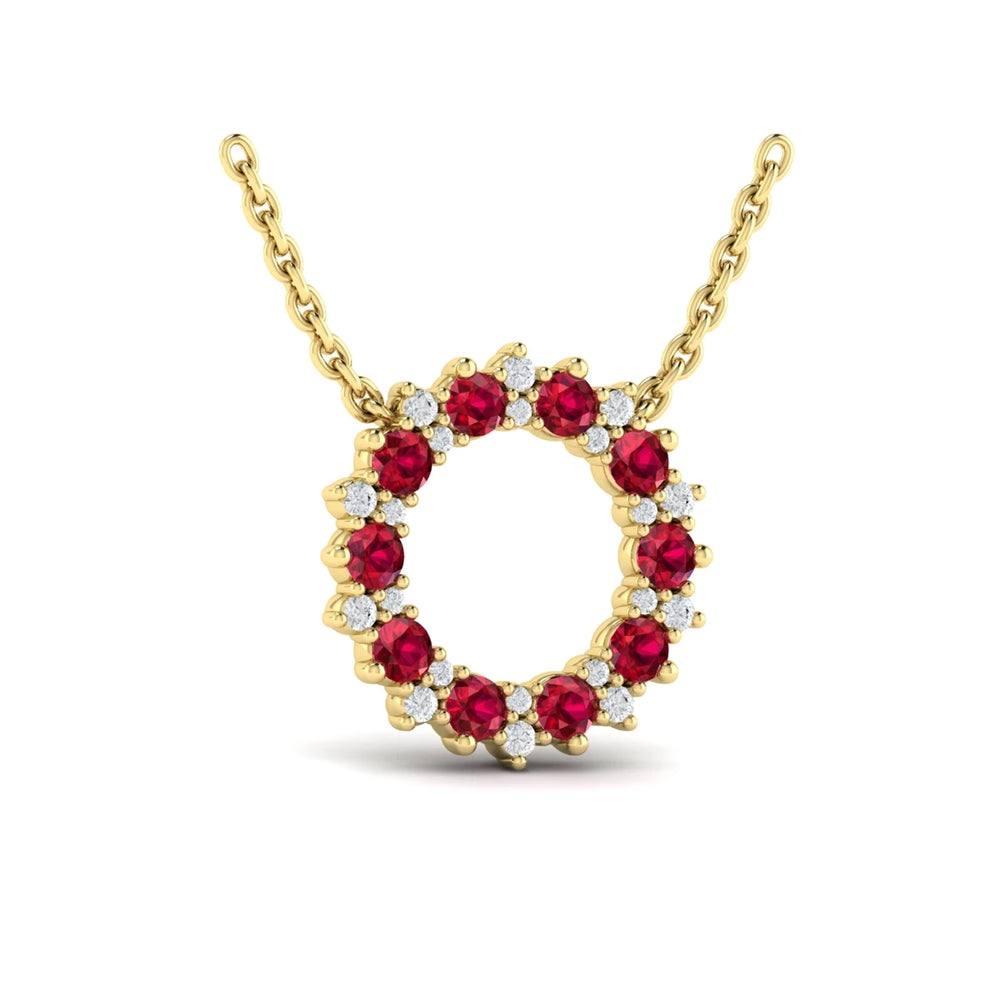 Diamond and Ruby Open Starburst Circle Pendant Necklace Yellow Gold
