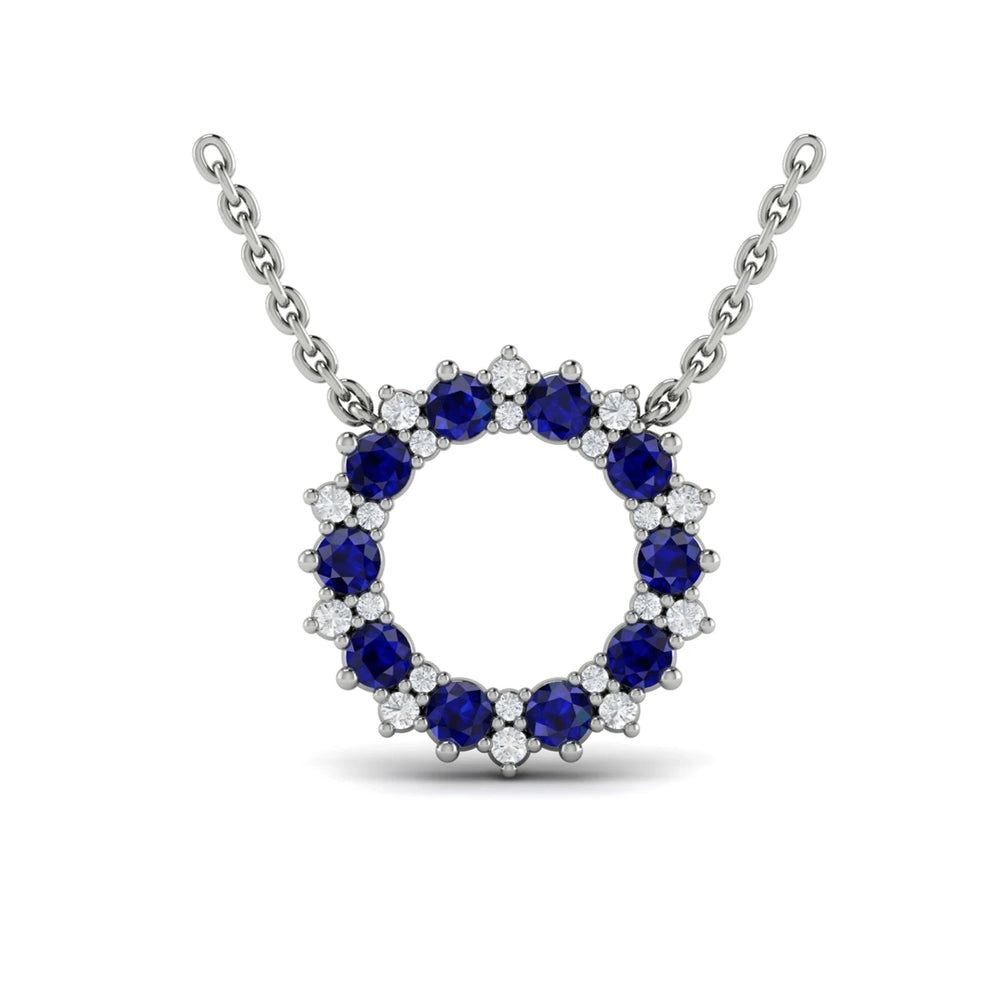Diamond and Blue Sapphire Open Starburst Circle Pendant Necklace White Gold