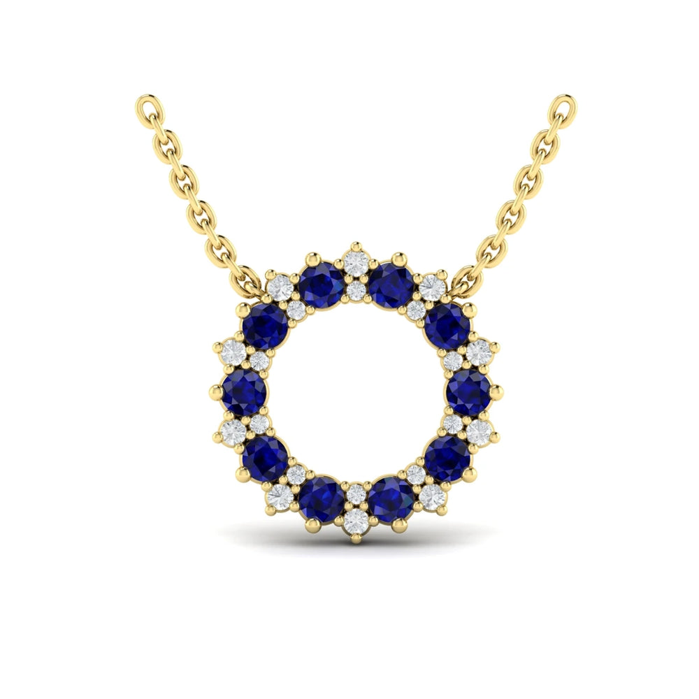 Diamond and Blue Sapphire Open Starburst Circle Pendant Necklace Yellow Gold