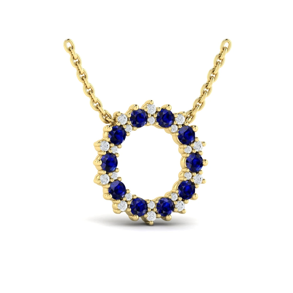 Diamond and Blue Sapphire Open Starburst Circle Pendant Necklace Yellow Gold