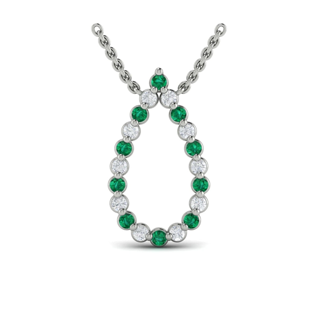 Diamond and Emerald  Open Teardrop Pendant Necklace White Gold