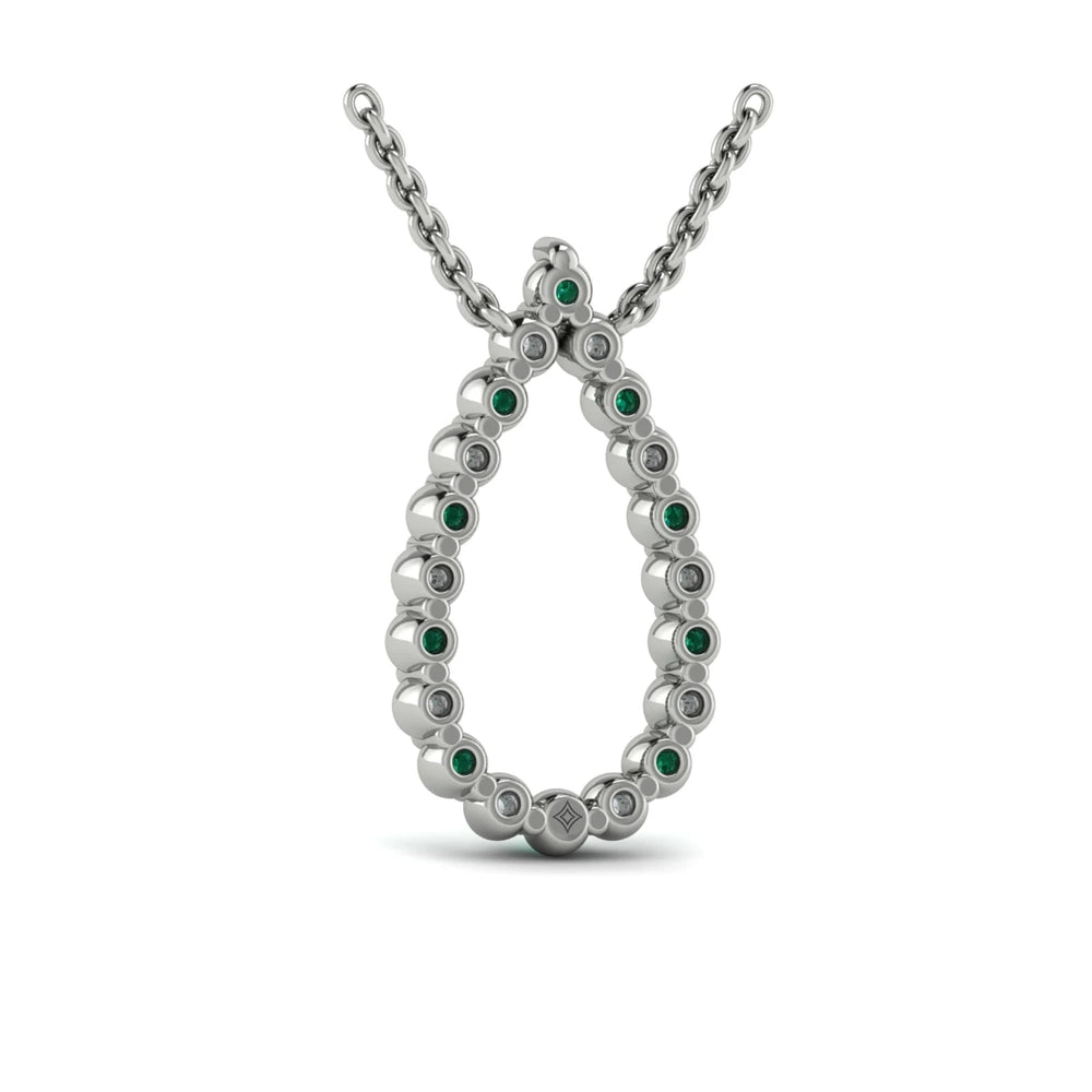 Diamond and Emerald  Open Teardrop Pendant Necklace Platinum