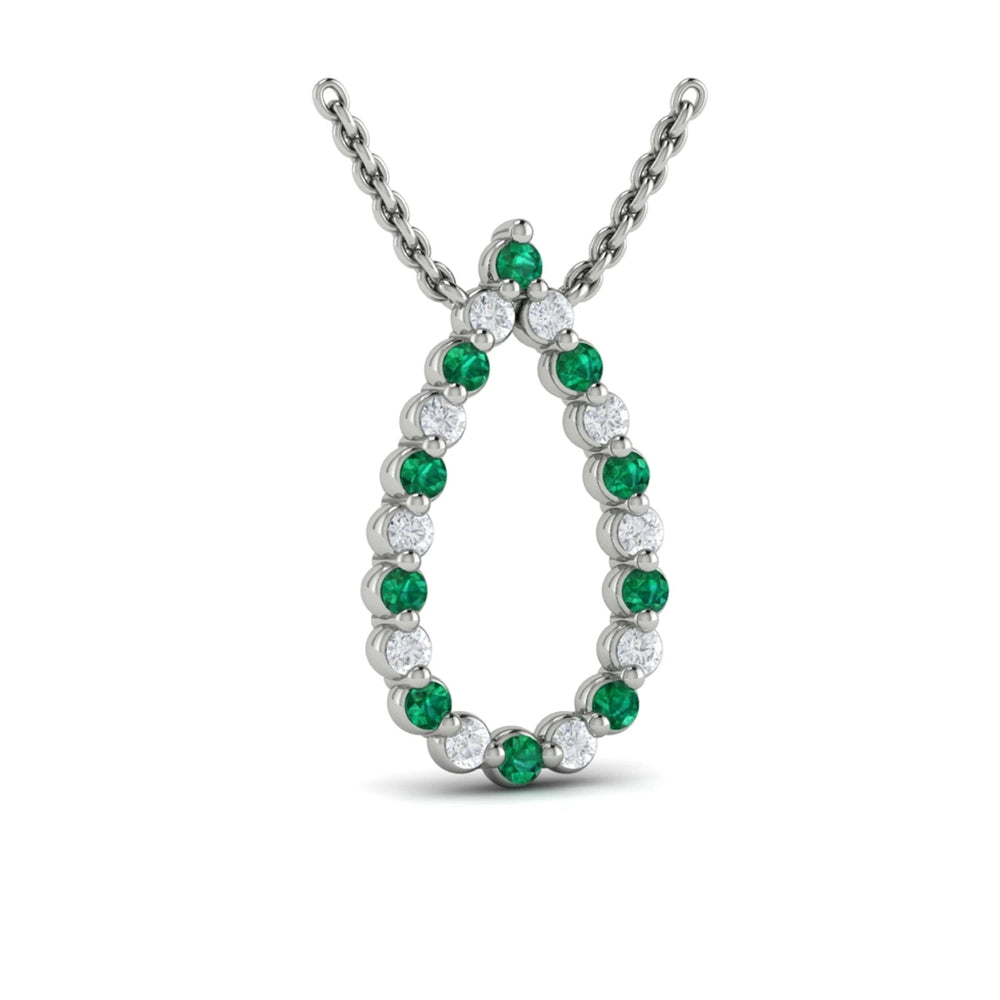 Diamond and Emerald  Open Teardrop Pendant Necklace Platinum