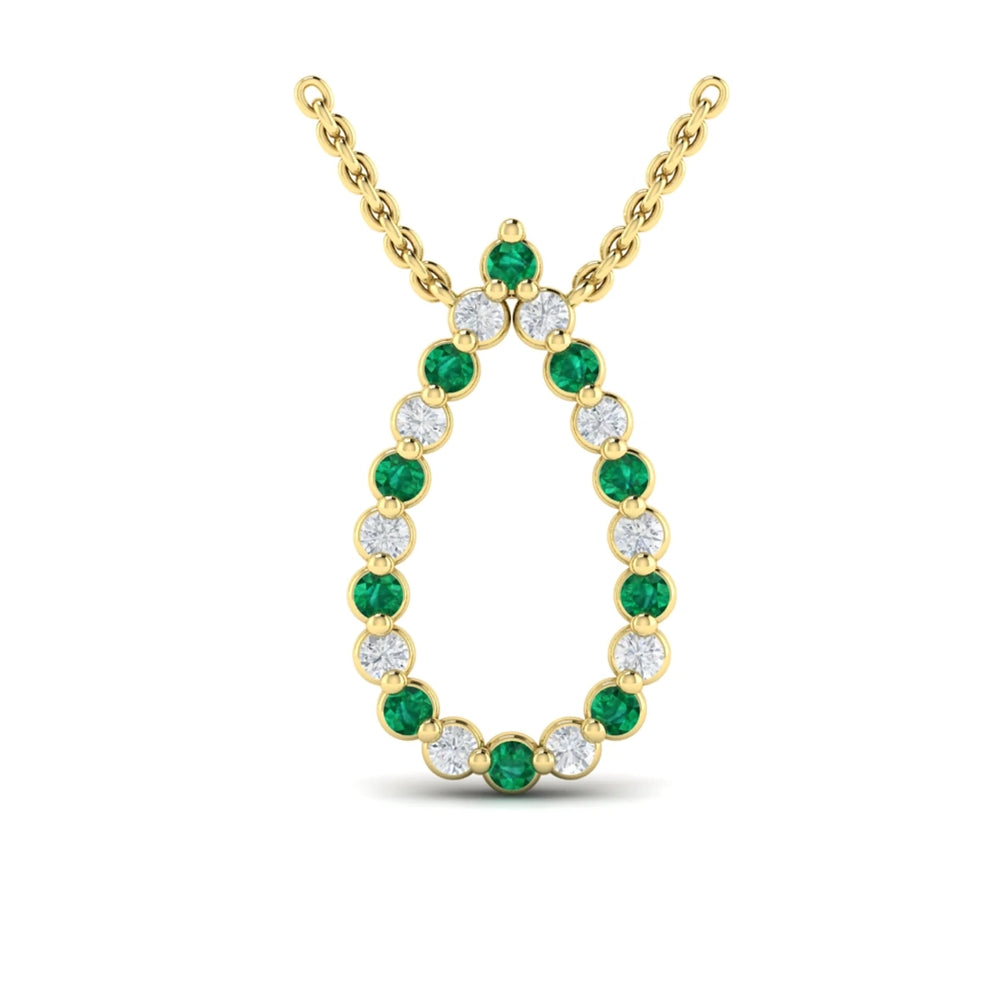 Diamond and Emerald  Open Teardrop Pendant Necklace Yellow Gold