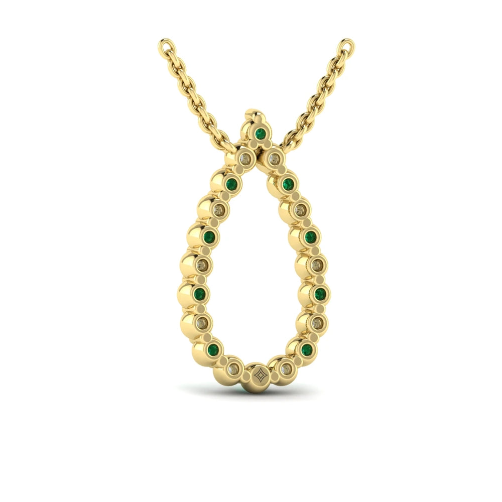 Diamond and Emerald  Open Teardrop Pendant Necklace Yellow Gold