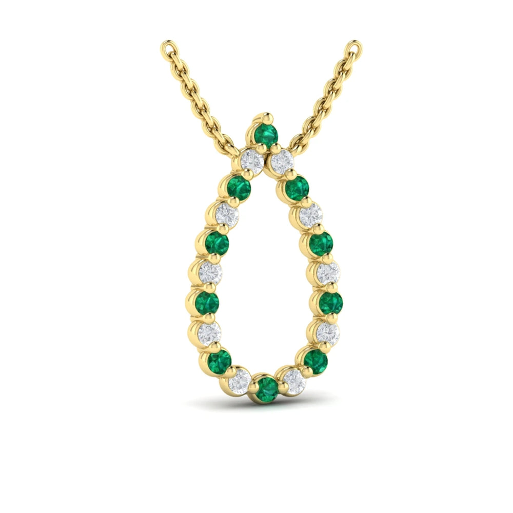 Diamond and Emerald  Open Teardrop Pendant Necklace Yellow Gold