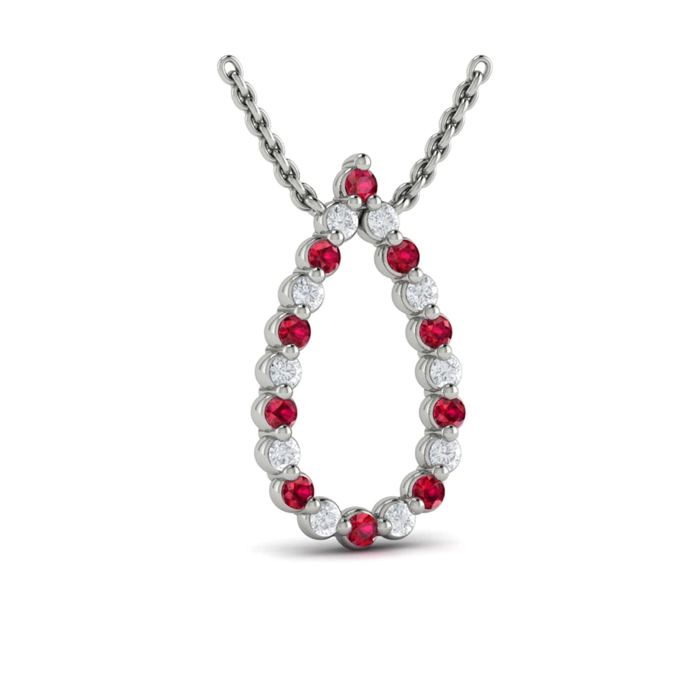 Diamond and Ruby  Open Teardrop Pendant Necklace White Gold