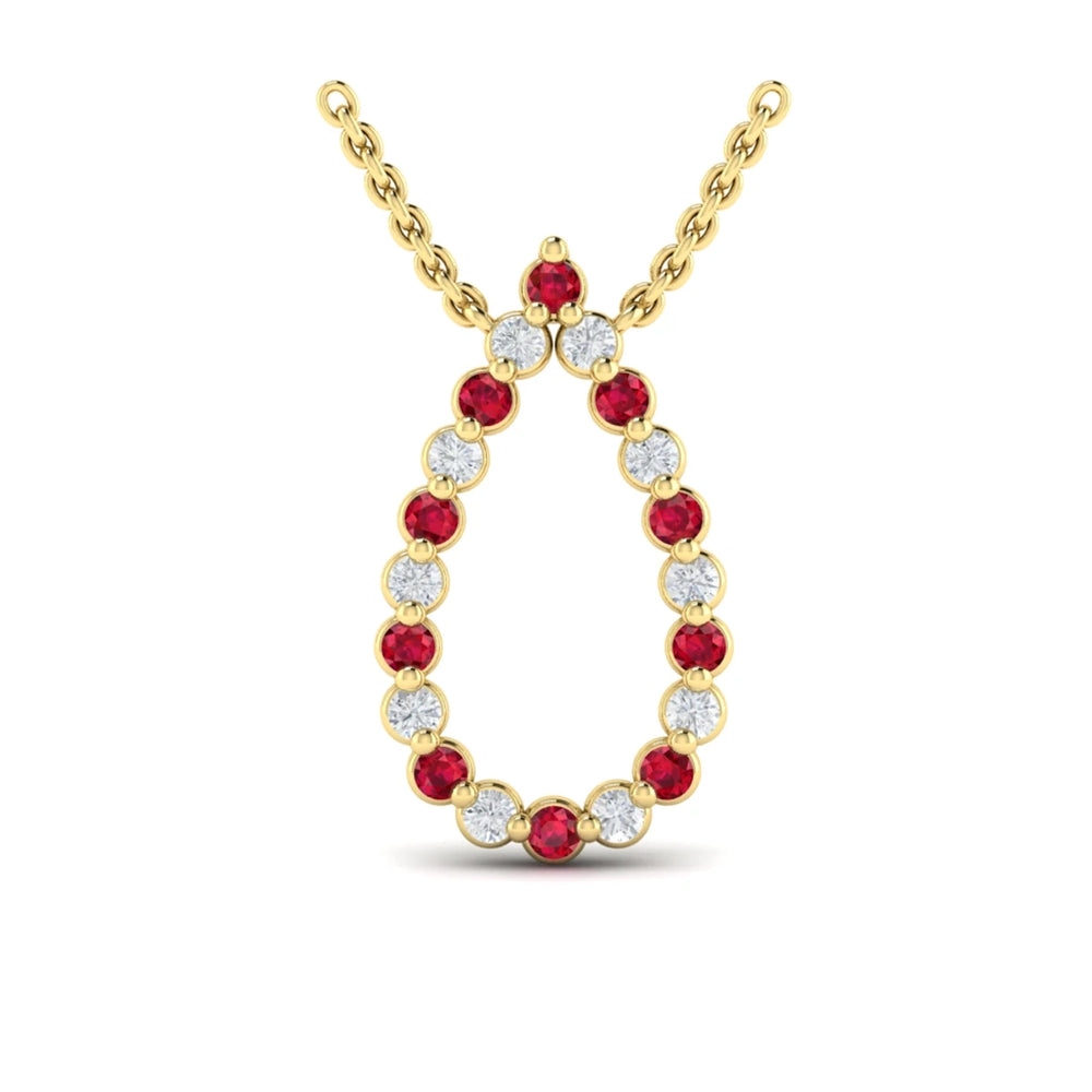 Diamond and Ruby  Open Teardrop Pendant Necklace Yellow Gold