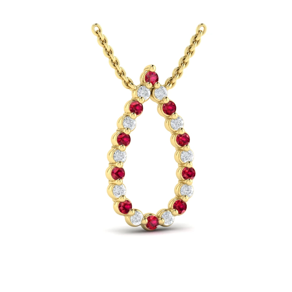Diamond and Ruby  Open Teardrop Pendant Necklace Yellow Gold