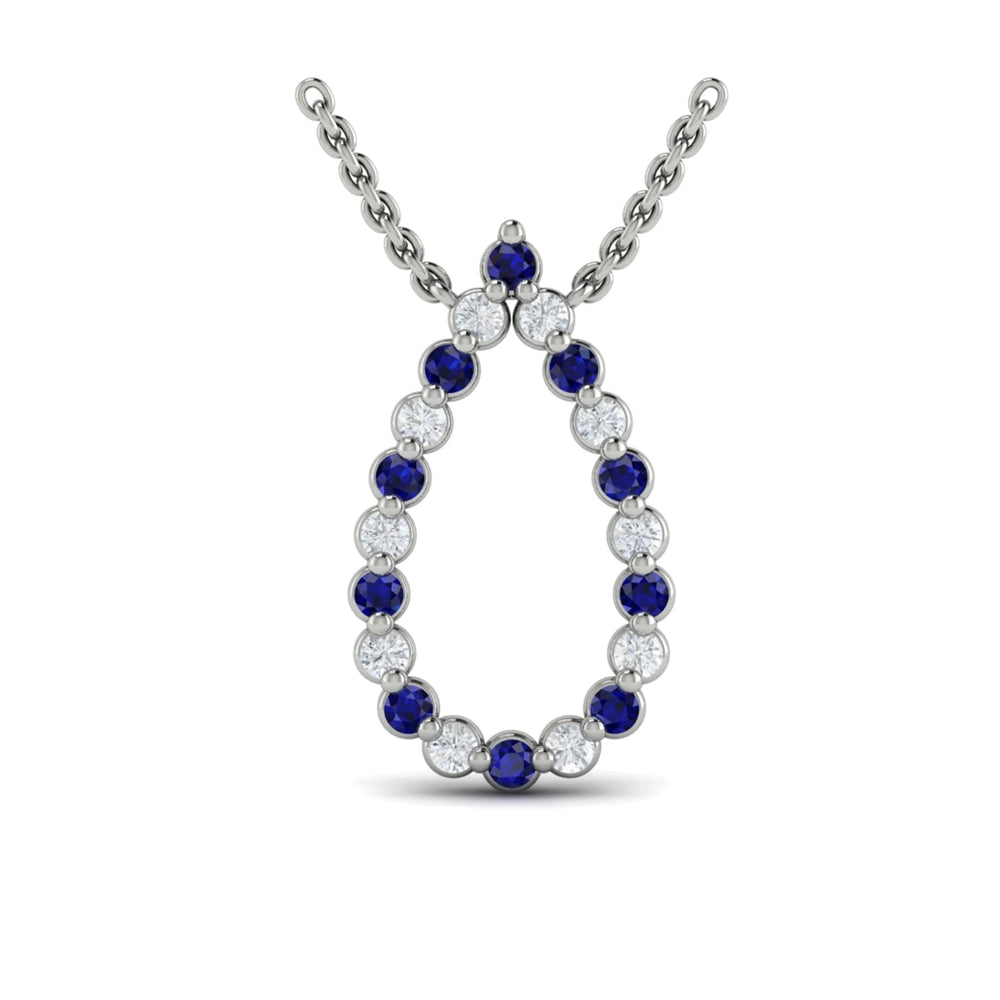 Diamond and Blue Sapphire  Open Teardrop Pendant Necklace White Gold