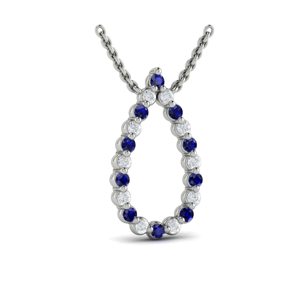 Diamond and Blue Sapphire  Open Teardrop Pendant Necklace Platinum