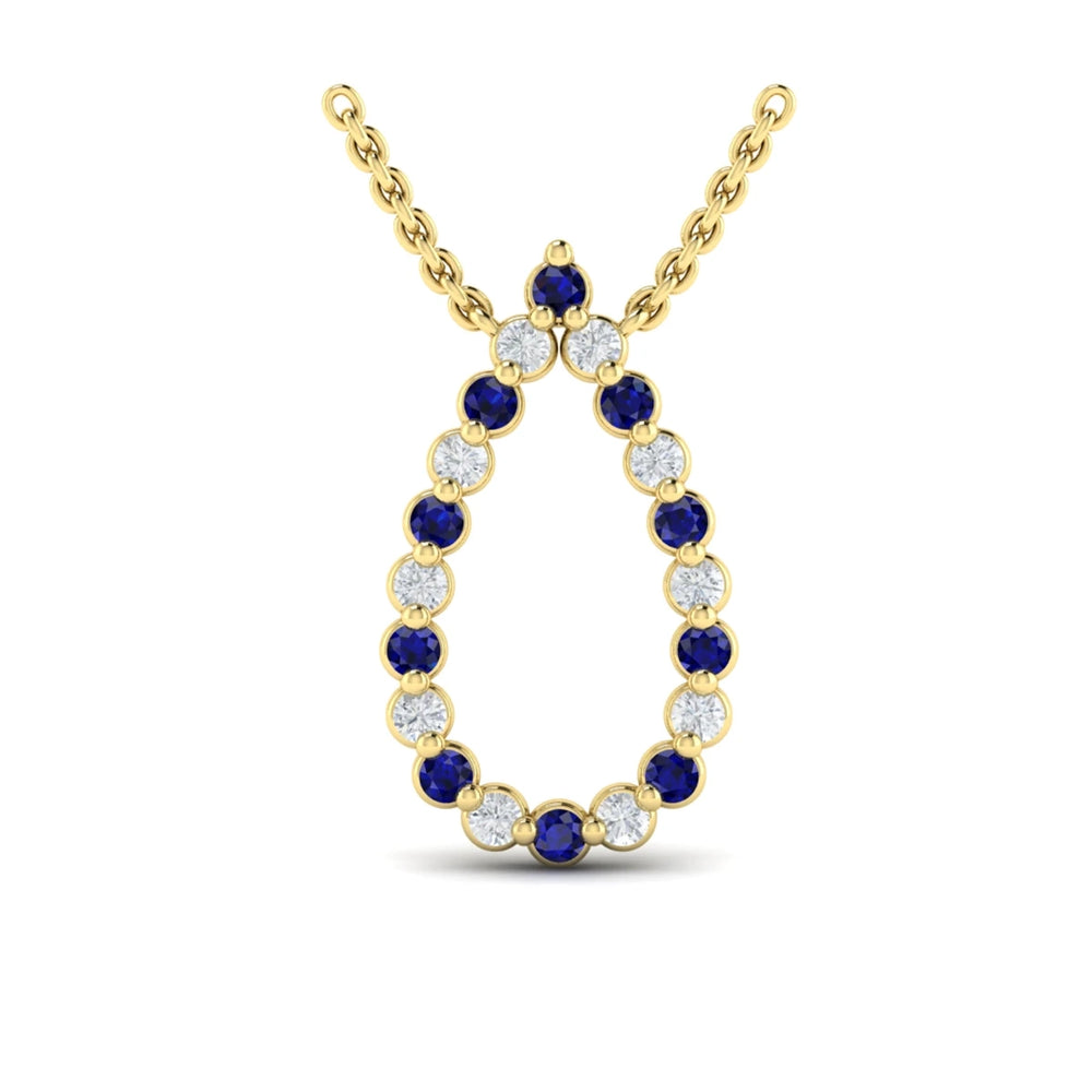 Diamond and Blue Sapphire  Open Teardrop Pendant Necklace Yellow Gold