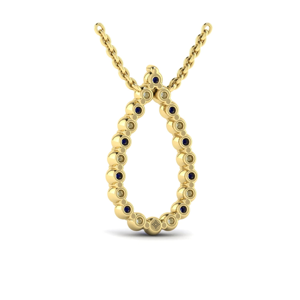 Diamond and Blue Sapphire  Open Teardrop Pendant Necklace Yellow Gold