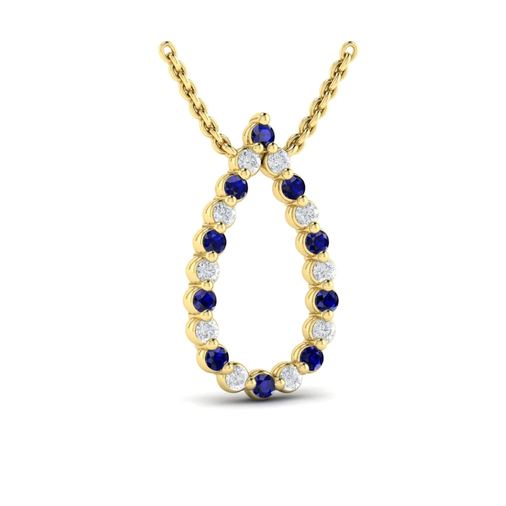 Diamond and Blue Sapphire  Open Teardrop Pendant Necklace Yellow Gold