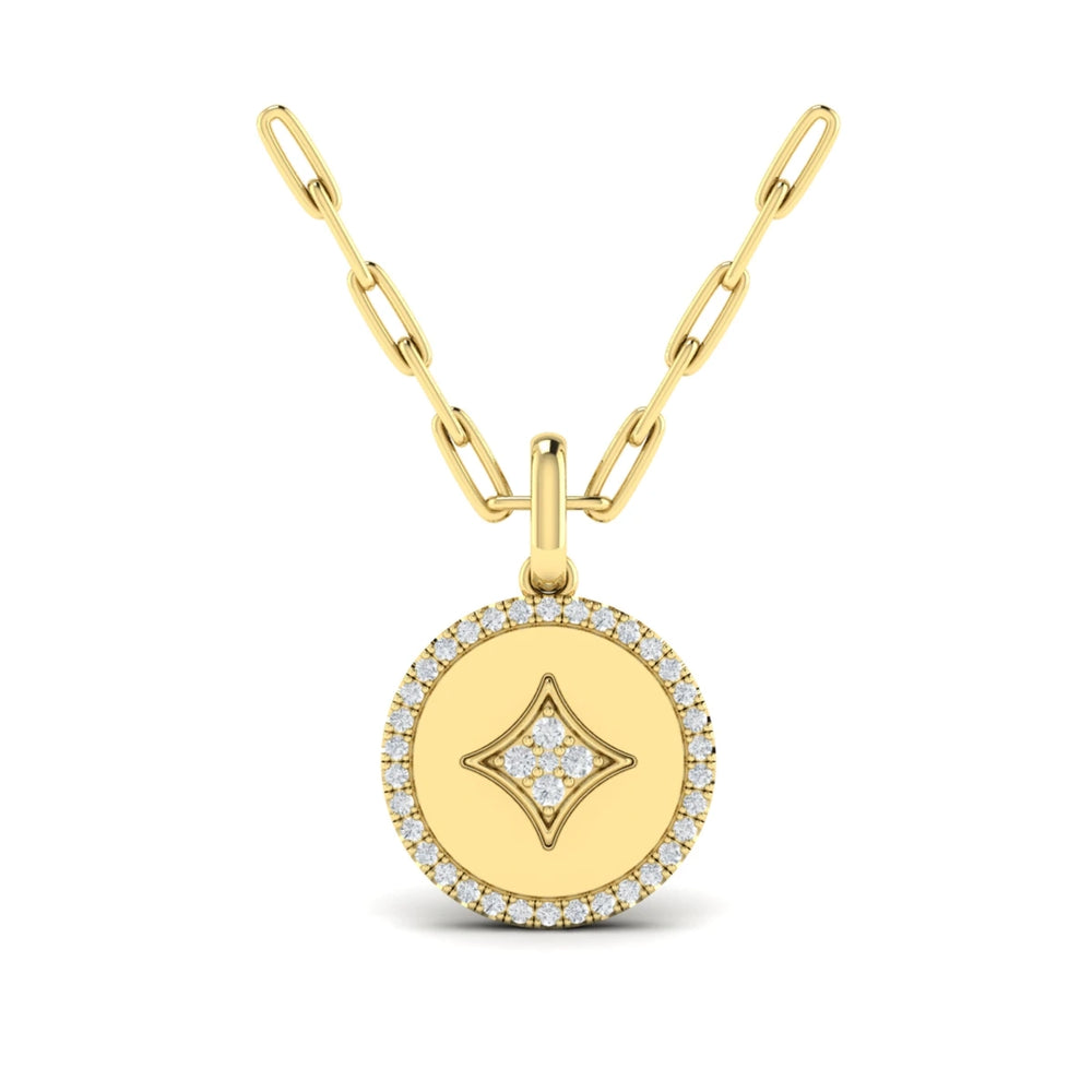 Center Star Diamonds and Bezel Pendant Necklace Yellow Gold