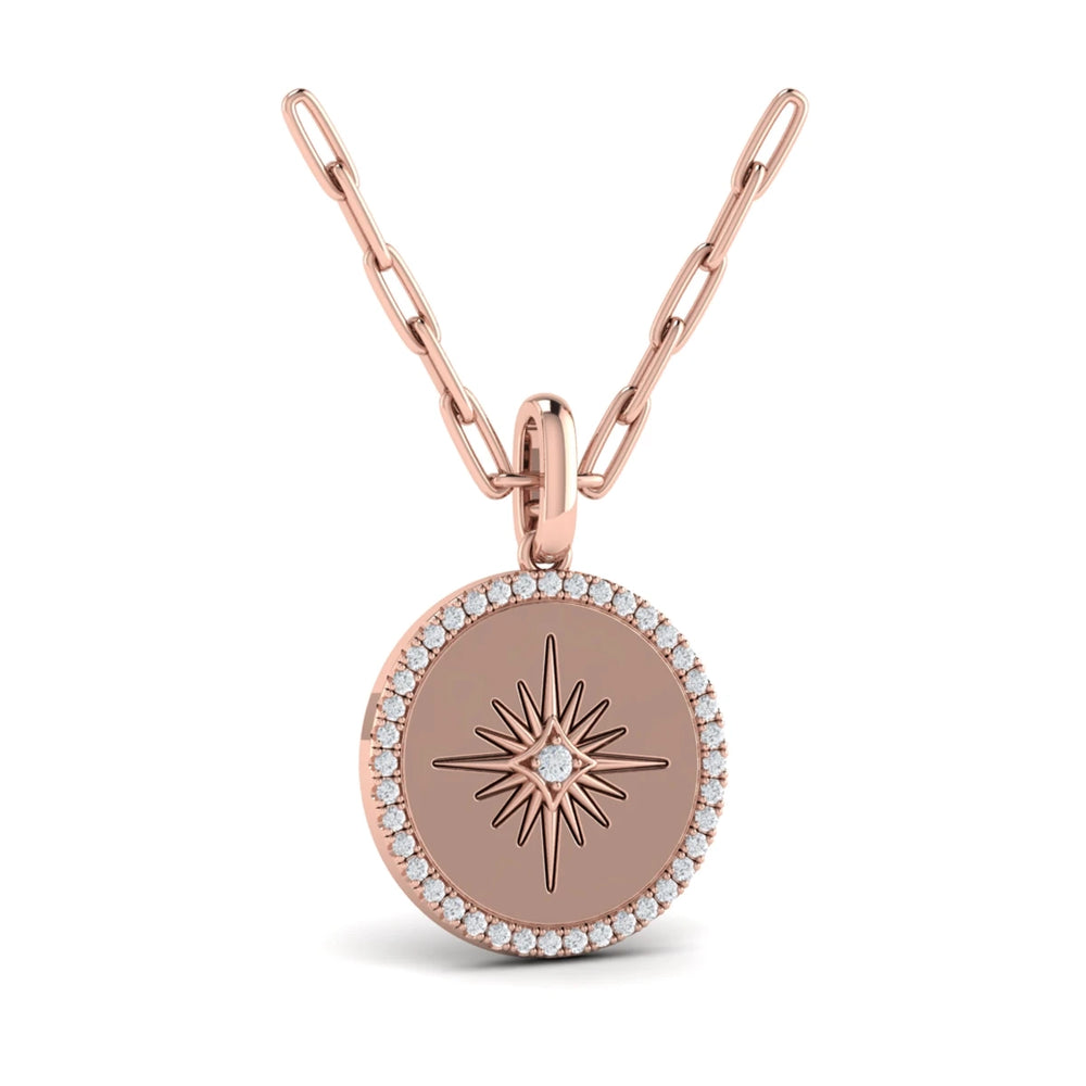 Center Starburst Diamond and Bezel Pendant Necklace Rose Gold
