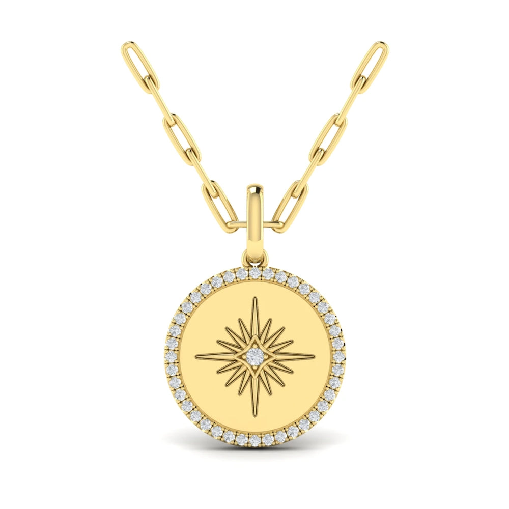Center Starburst Diamond and Bezel Pendant Necklace Yellow Gold