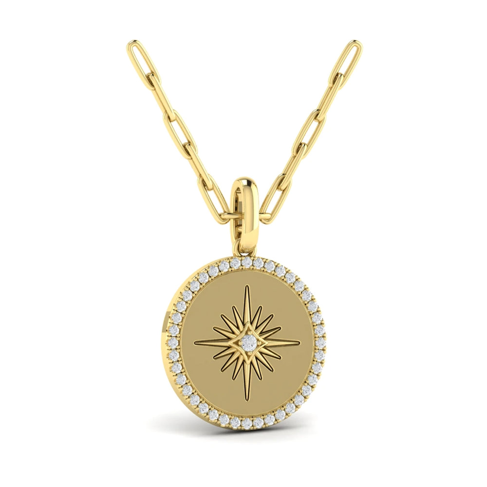 Center Starburst Diamond and Bezel Pendant Necklace Yellow Gold
