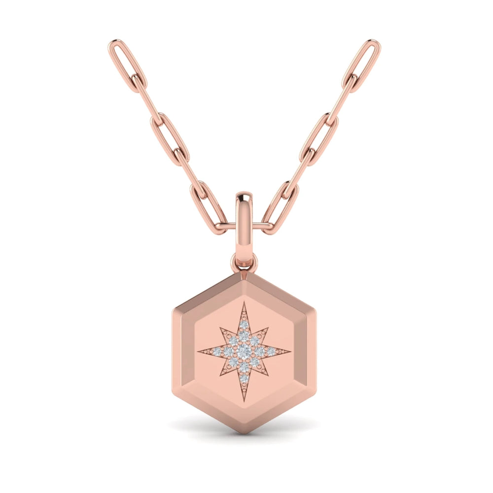 Center Starburst Diamond and Bezel Hexagon Pendant Necklace Rose Gold