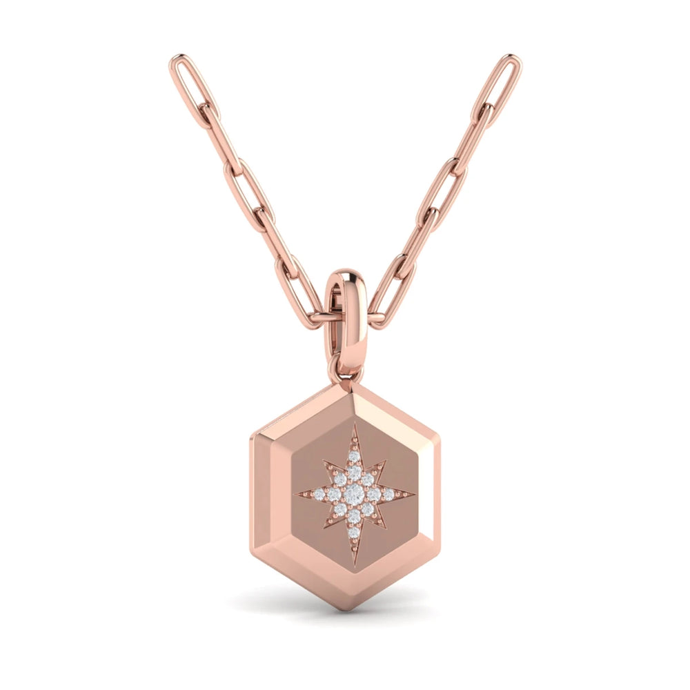 Center Starburst Diamond and Bezel Hexagon Pendant Necklace Rose Gold