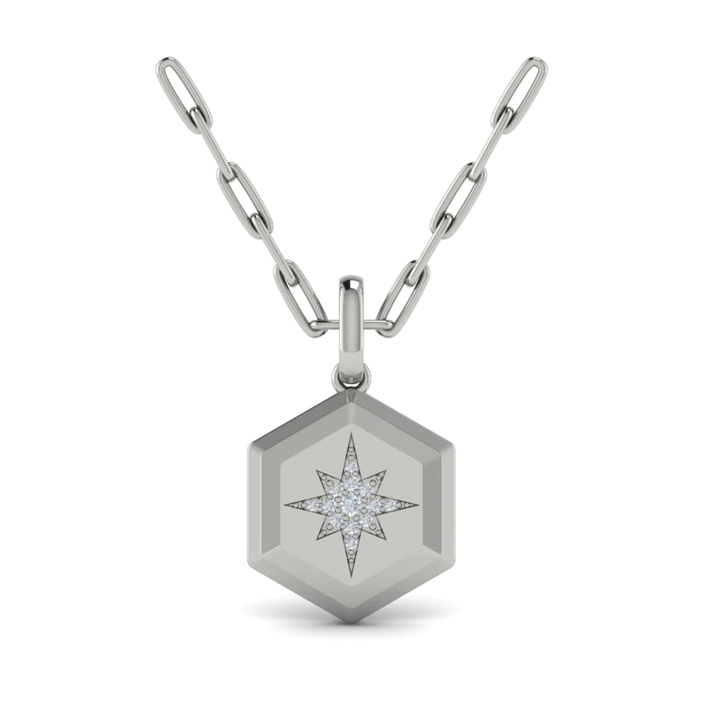 Center Starburst Diamond and Bezel Hexagon Pendant Necklace White Gold