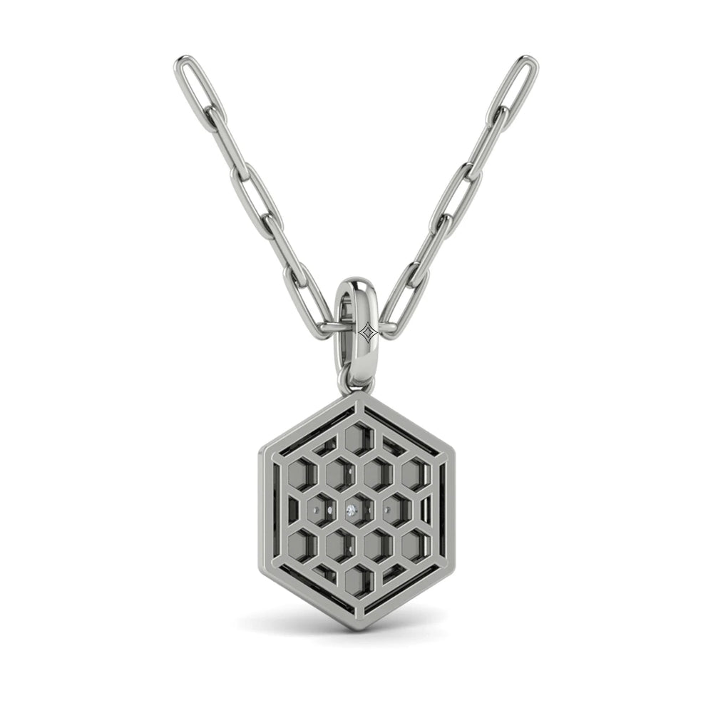 Center Starburst Diamond and Bezel Hexagon Pendant Necklace White Gold