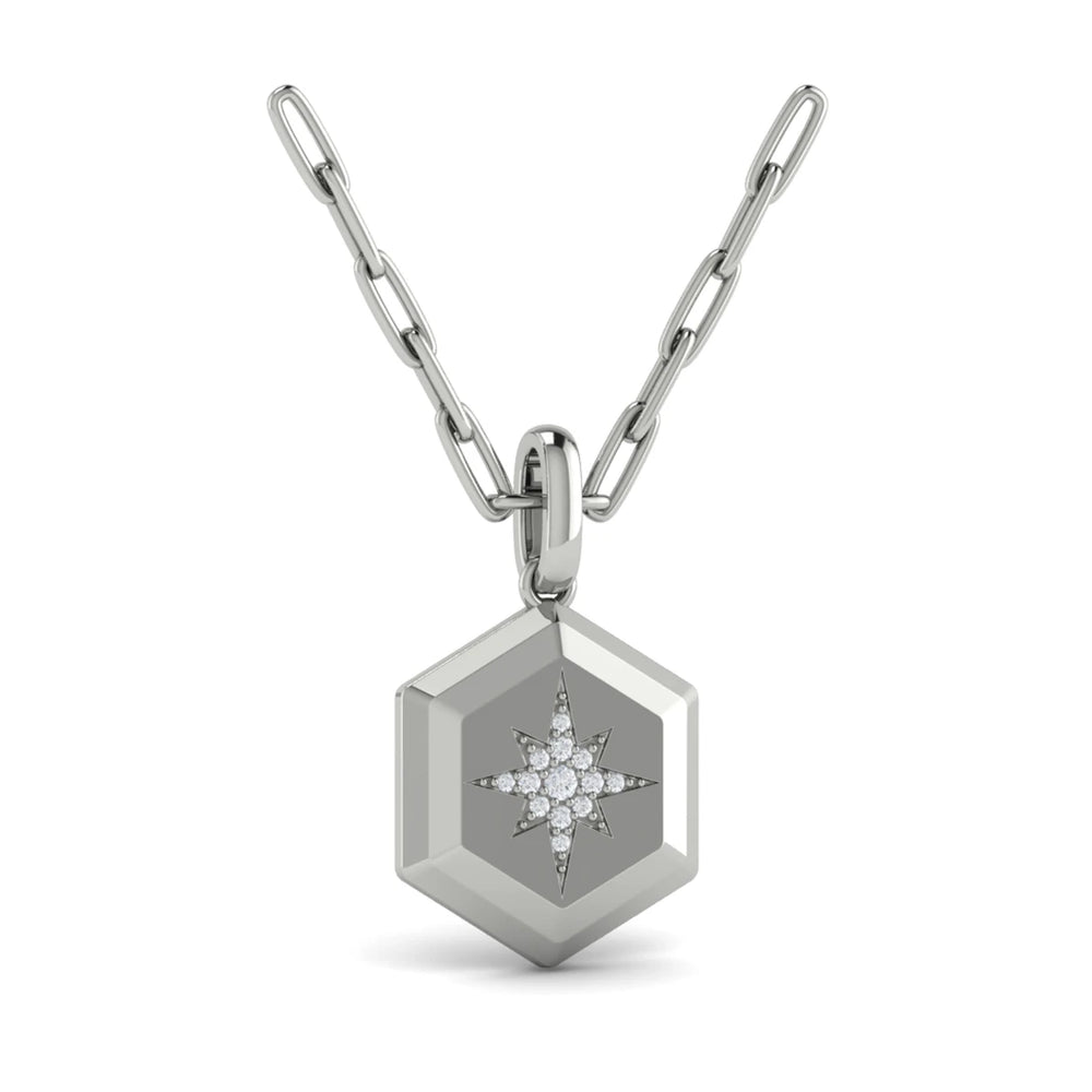 Center Starburst Diamond and Bezel Hexagon Pendant Necklace White Gold