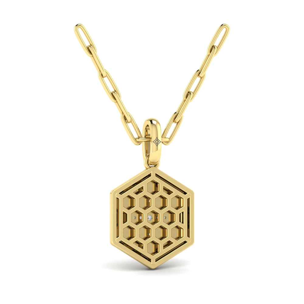 Center Starburst Diamond and Bezel Hexagon Pendant Necklace Yellow Gold