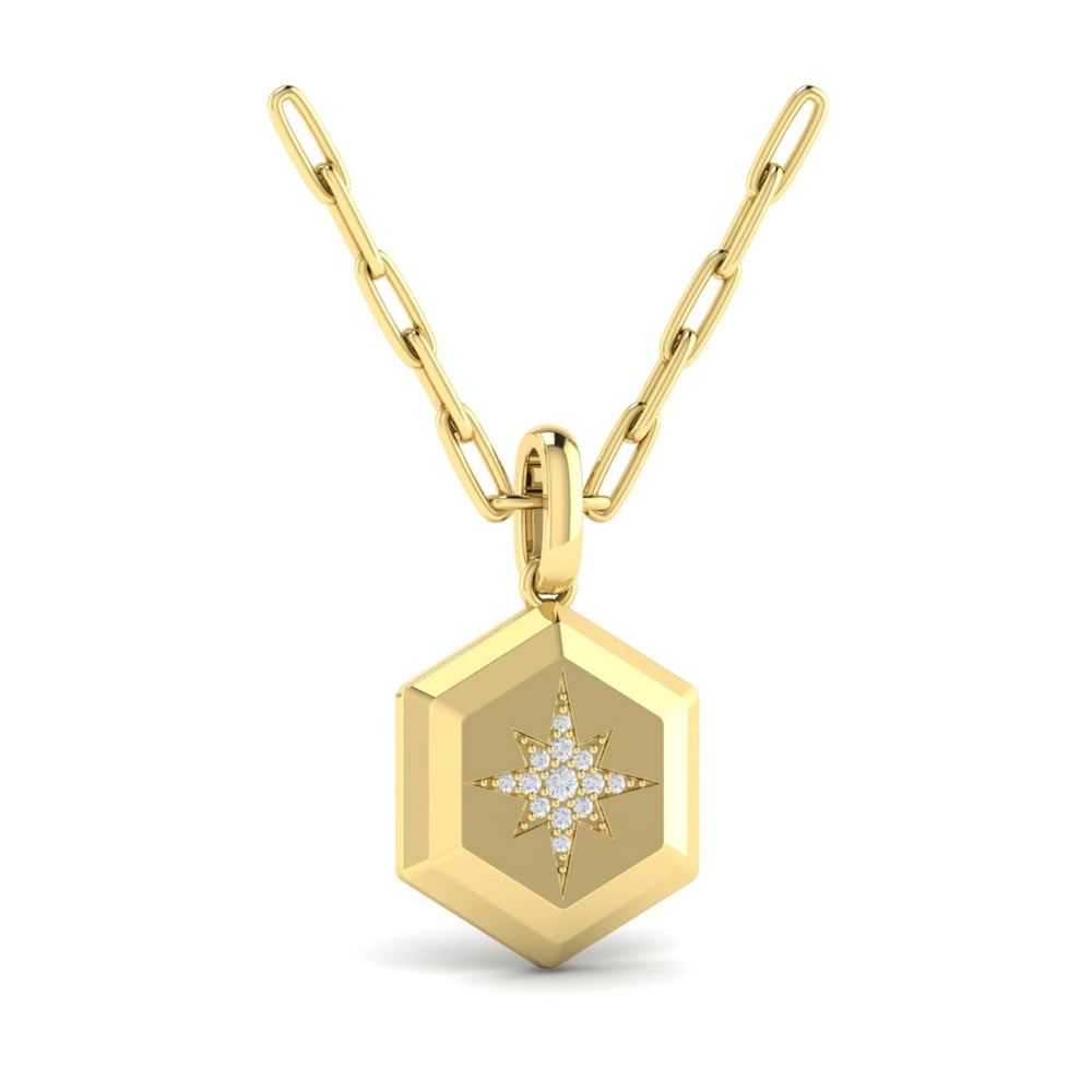 Center Starburst Diamond and Bezel Hexagon Pendant Necklace Yellow Gold