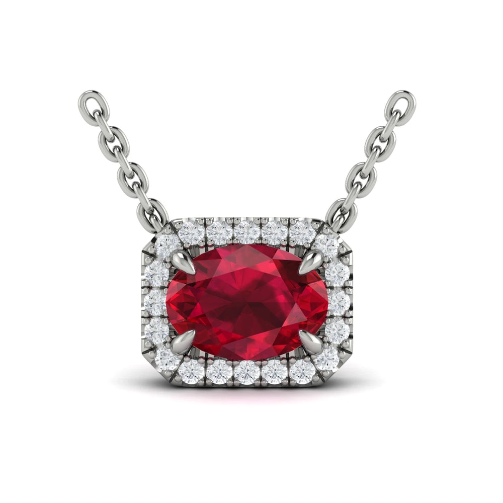 Diamond Cushion Halo and Oval Ruby Necklace Platinum