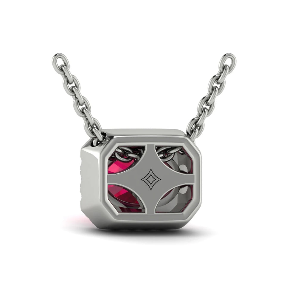 Diamond Cushion Halo and Oval Ruby Necklace Platinum