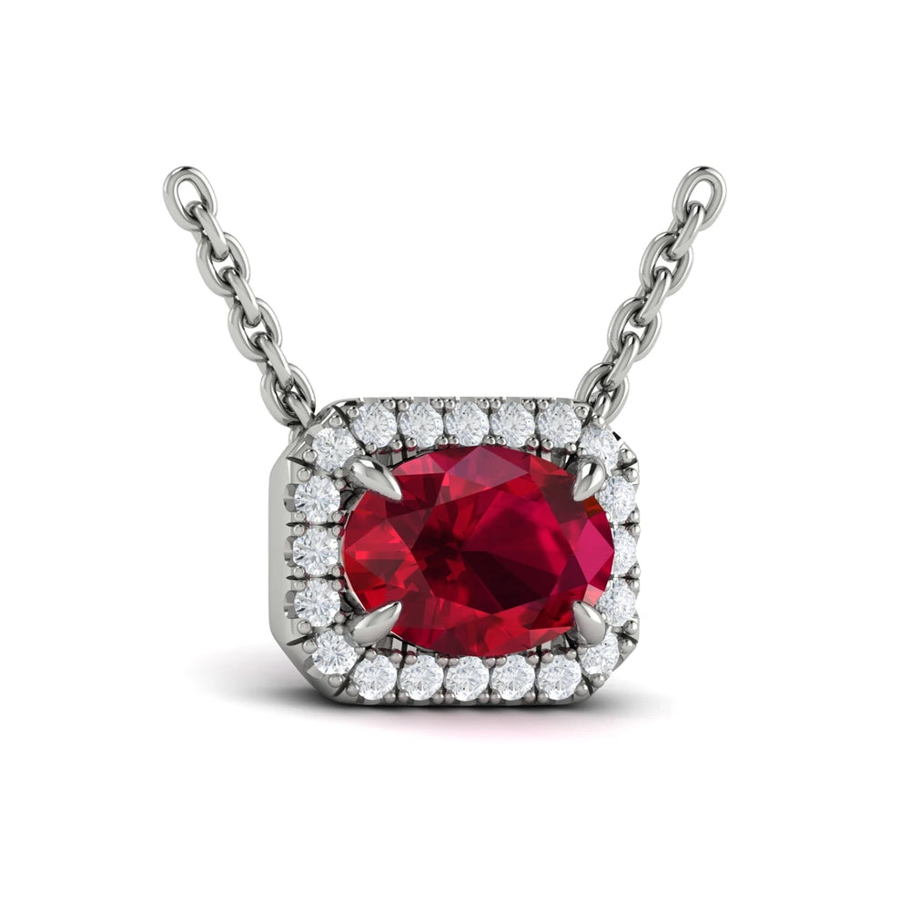 Diamond Cushion Halo and Oval Ruby Necklace Platinum