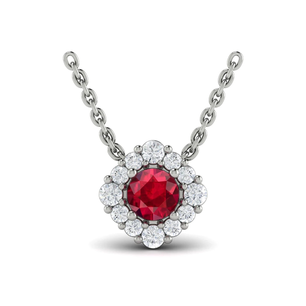 Diamond Halo and Round Ruby Center Pendant Platinum