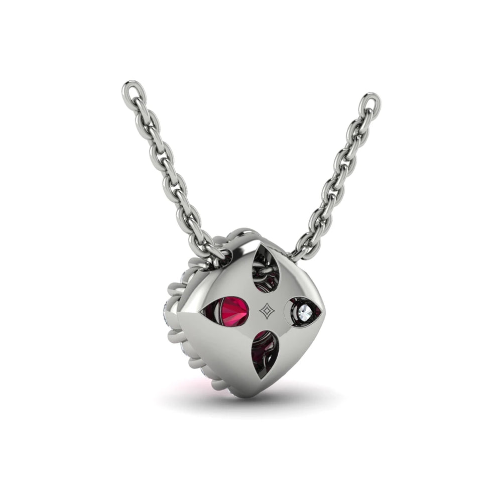 Diamond Halo and Round Ruby Center Pendant Platinum