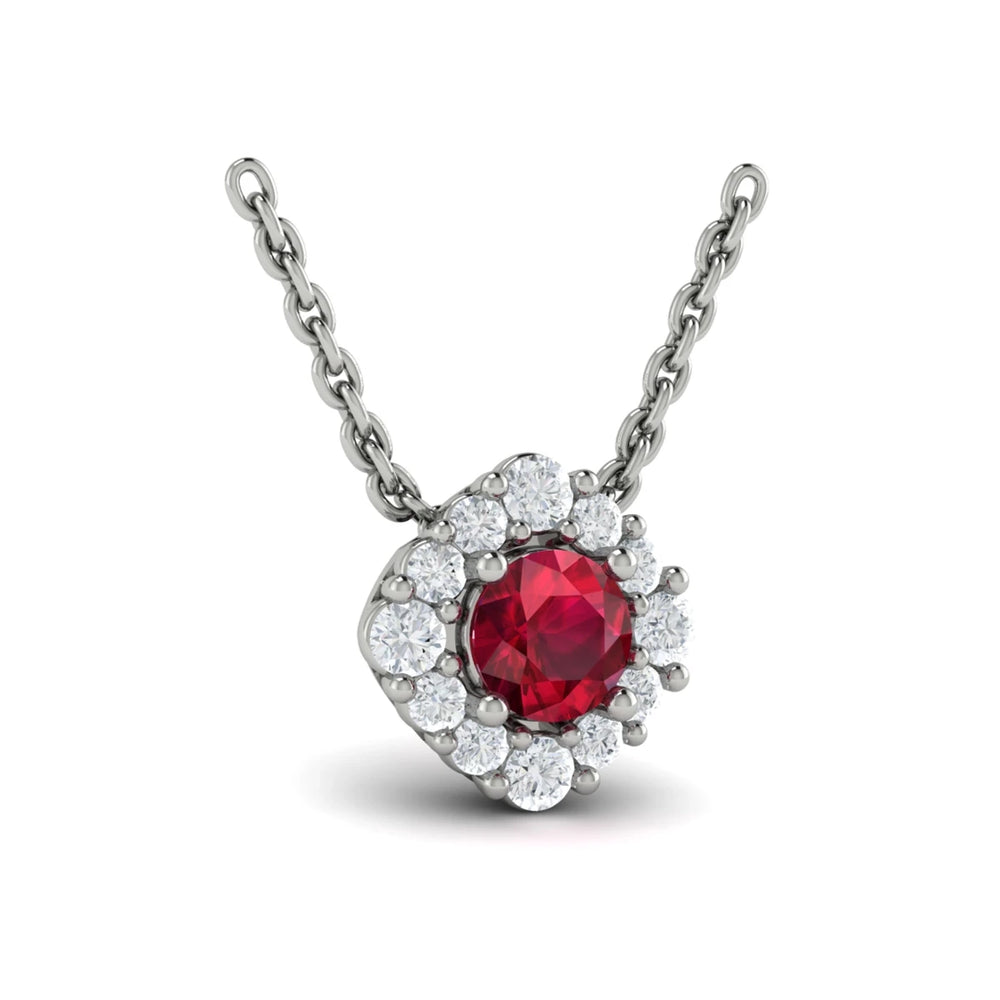 Diamond Halo and Round Ruby Center Pendant White Gold