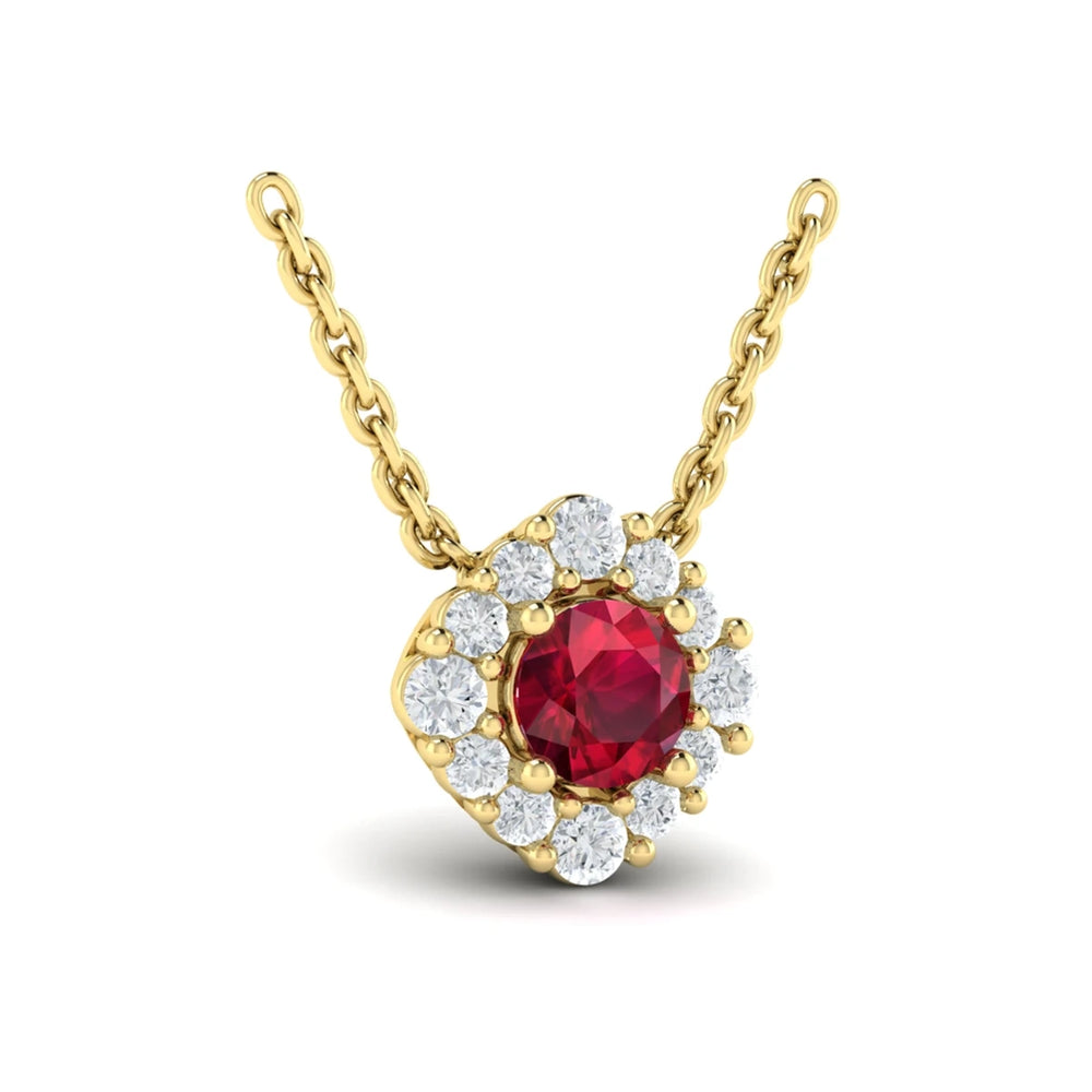 Diamond Halo and Round Ruby Center Pendant Yellow Gold