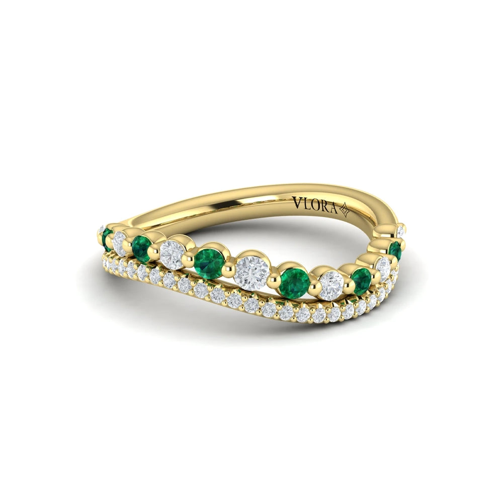 Diamond and Emerald Two Row Curved Ring Yellow Gold