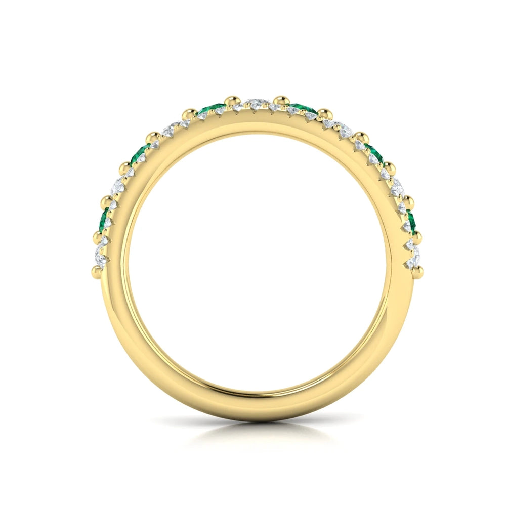 Diamond and Emerald Two Row Curved Ring Yellow Gold