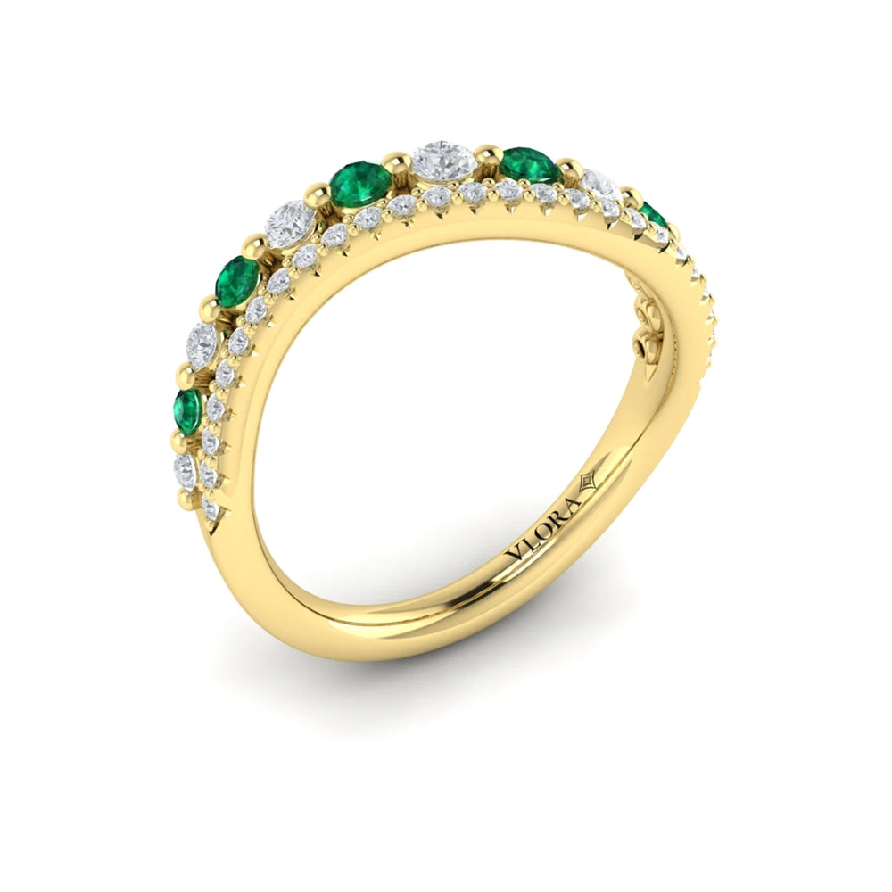 Diamond and Emerald Two Row Curved Ring Yellow Gold