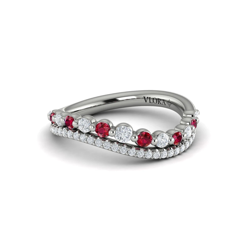 Diamond and Ruby Two Row Curved Ring White Gold