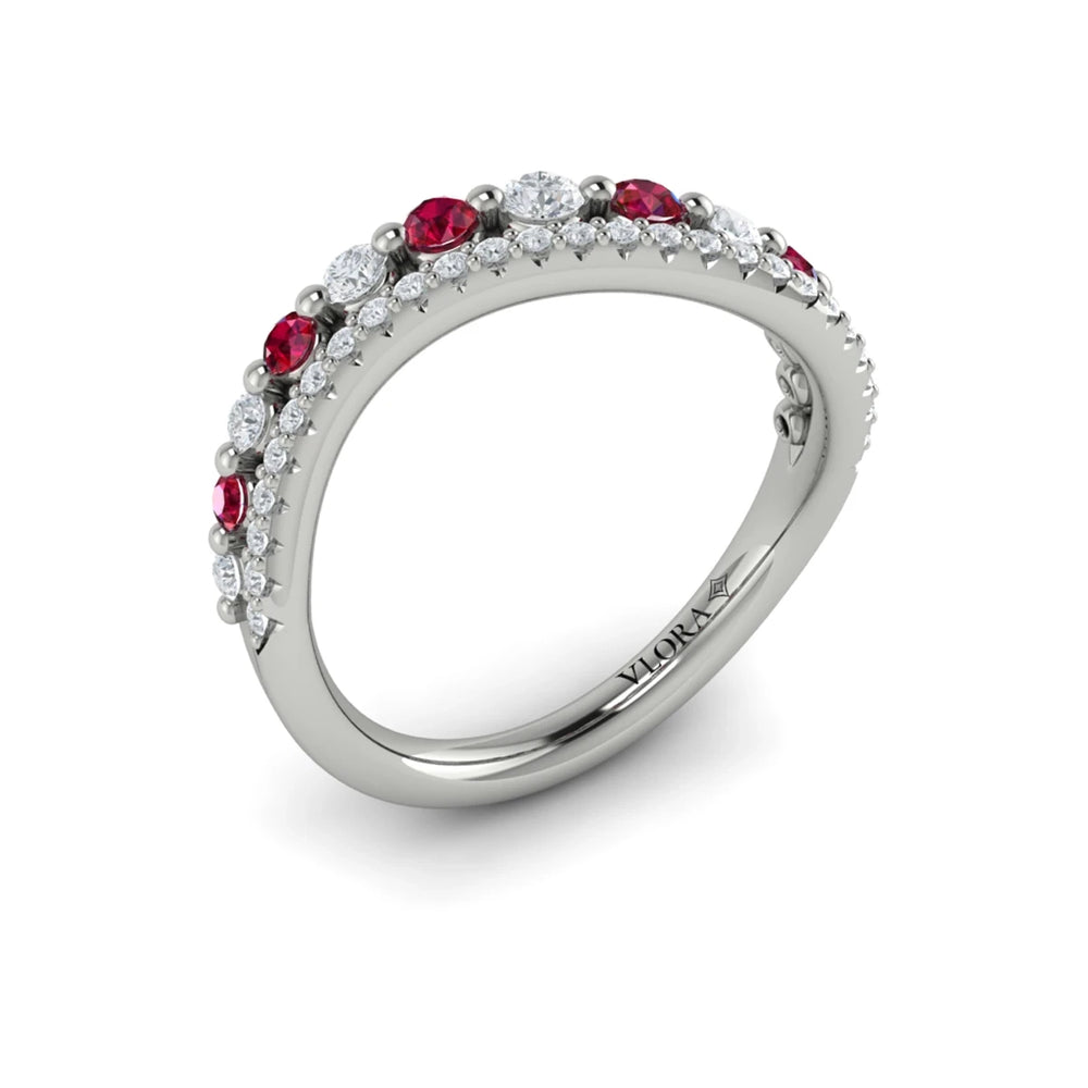 Diamond and Ruby Two Row Curved Ring White Gold