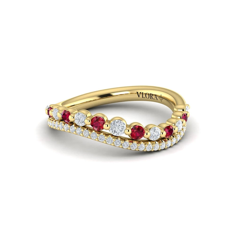 Diamond and Ruby Two Row Curved Ring Yellow Gold