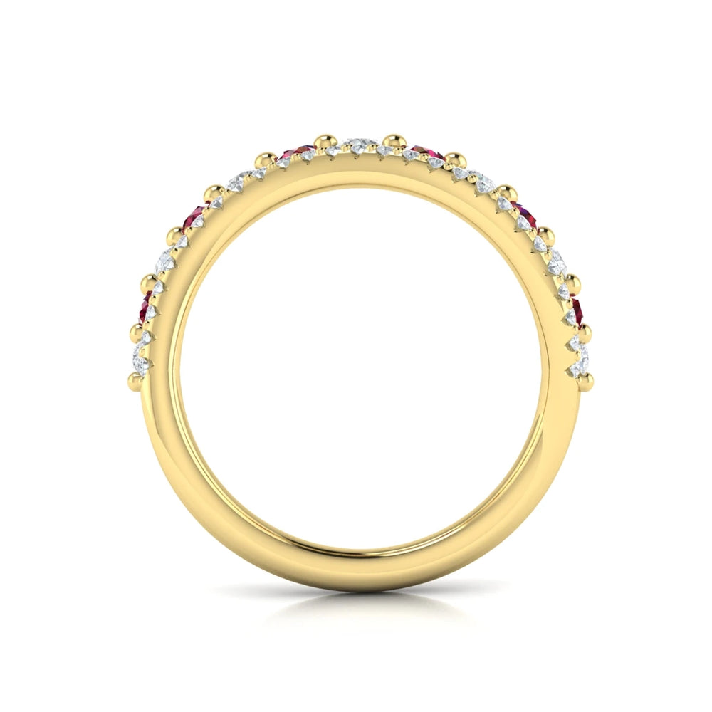 Diamond and Ruby Two Row Curved Ring Yellow Gold