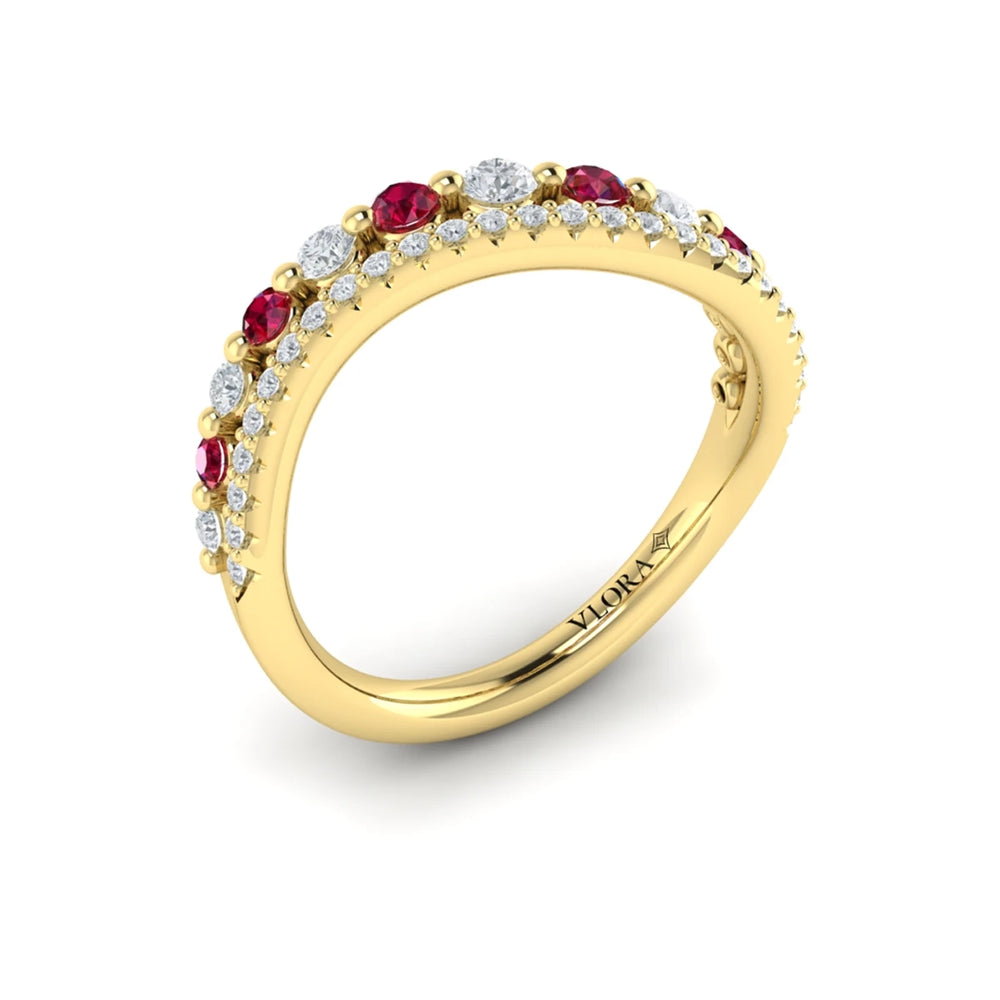 Diamond and Ruby Two Row Curved Ring Yellow Gold